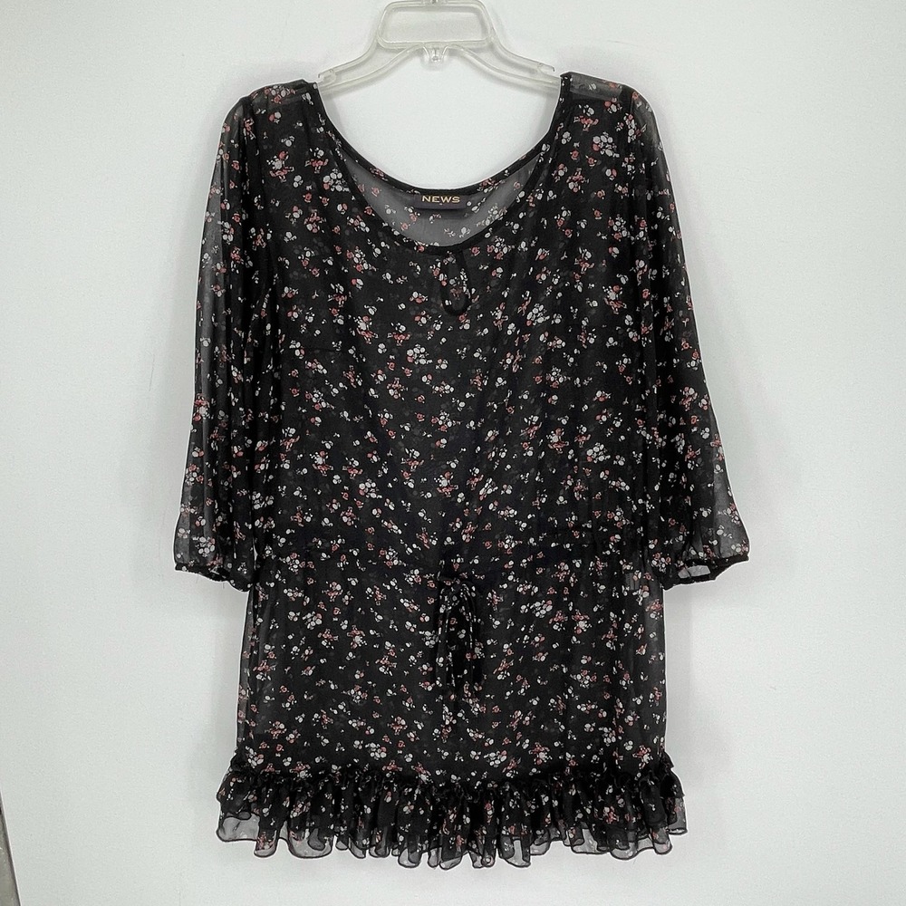 NEWS Women's Black Floral Ruffle Hem Sheer Chiffon Tunic Top Blouse Size 16